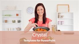  Presentation with cooking - Presentation design featuring beautiful red-haired woman cooking vegetables in the kitchen in her apartment background and a coral colored foreground