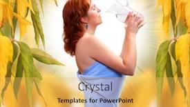  Presentation with water jug - Amazing PPT theme having beautiful redhaired girl drinking fresh water from a glass jug backdrop and a yellow colored foreground