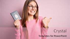  Presentation with tourist - Audience pleasing PPT theme consisting of beautiful-redhead-tourist-woman-holding backdrop and a lemonade colored foreground
