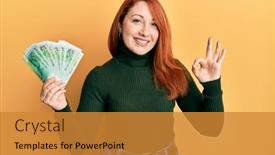  Presentation with friendly - Presentation theme featuring beautiful-redhead-woman-holding-5 background and a gold colored foreground