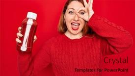  Presentation with bottle - Beautiful PPT theme featuring beautiful-redhead-woman-holding-bottle backdrop and a crimson colored foreground
