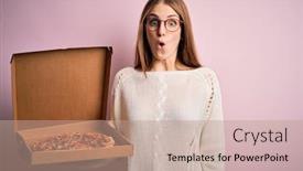  Presentation with pizza delivery - Colorful presentation theme enhanced with beautiful-redhead-woman-holding-delivery backdrop and a coral colored foreground