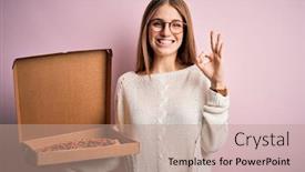  Presentation with pizza delivery - Slide deck featuring beautiful-redhead-woman-holding-delivery background and a coral colored foreground