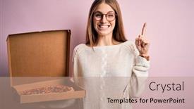  Presentation with pizza delivery - Slide set with beautiful-redhead-woman-holding-delivery background and a coral colored foreground