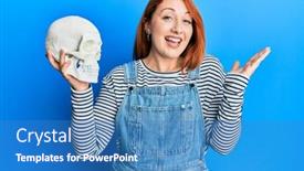  Presentation with human - Colorful PPT layouts enhanced with beautiful-redhead-woman-holding-human backdrop and a teal colored foreground