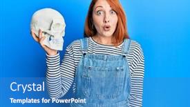  Presentation with human face - Colorful PPT layouts enhanced with beautiful-redhead-woman-holding-human backdrop and a teal colored foreground