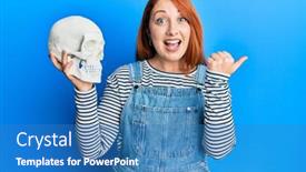  Presentation with human mouth - Beautiful PPT theme featuring beautiful-redhead-woman-holding-human backdrop and a teal colored foreground