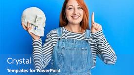  Presentation with human face - Colorful PPT layouts enhanced with beautiful-redhead-woman-holding-human backdrop and a teal colored foreground