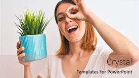  Presentation with hand holding plant - Colorful PPT theme enhanced with beautiful-redhead-woman-holding-plant backdrop and a coral colored foreground