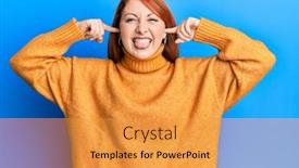  Presentation with beautiful 3d - Audience pleasing slide deck consisting of beautiful-redhead-woman-putting-fingers backdrop and a gold colored foreground