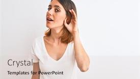  Presentation with listening woman - Audience pleasing PPT theme consisting of beautiful-redhead-woman-wearing-casual backdrop and a lemonade colored foreground