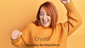  Presentation with yellow music - Slide deck featuring beautiful-redhead-woman-wearing-casual background and a gold colored foreground