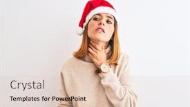  Presentation with sore throat - PPT layouts enhanced with beautiful redhead woman wearing christmas hat over isolated background touching painful neck sore throat for flu clod and infection background and a lemonade colored foreground