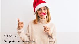  Presentation with pretend - Slide set consisting of beautiful redhead woman wearing christmas hat wearing pretend mustache over isolated background happy with big smile doing ok sign thumb up with fingers excellent sign background and a lemonade colored foreground