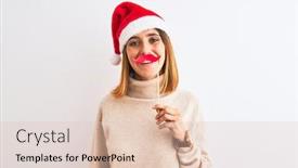  Presentation with pretend - Beautiful slide deck featuring beautiful redhead woman wearing christmas hat wearing pretend mustache over isolated background with a happy face standing and smiling with a confident smile showing teeth backdrop and a lemonade colored foreground