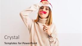 Presentation with pretend - Slide set featuring beautiful redhead woman wearing christmas hat wearing pretend mustache over isolated background stressed with hand on head shocked with shame and surprise face angry and frustrated fear and upset background and a lemonade colored foreground