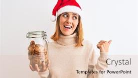  Presentation with cookies christmas - Slide deck consisting of beautiful redhead woman wearing christmas hat holding cookies jar over isolated background pointing and showing with thumb up to the side with happy face smiling background and a lemonade colored foreground