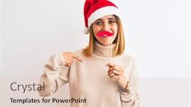  Presentation with pretend - Presentation design enhanced with beautiful redhead woman wearing christmas hat wearing pretend mustache over isolated background with surprise face pointing finger to himself background and a lemonade colored foreground