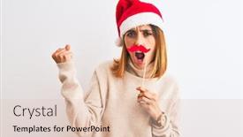  Presentation with pretend - Amazing presentation theme having beautiful redhead woman wearing christmas hat wearing pretend mustache over isolated background annoyed and frustrated shouting with anger crazy and yelling with raised hand anger concept backdrop and a lemonade colored foreground