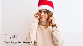  Presentation with christmas music - Presentation consisting of beautiful redhead woman wearing christmas hat over isolated background covering ears with fingers with annoyed expression for the noise of loud music deaf concept background and a lemonade colored foreground