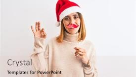  Presentation with pretend - Beautiful presentation design featuring beautiful redhead woman wearing christmas hat wearing pretend mustache over isolated background doing ok sign with fingers excellent symbol backdrop and a lemonade colored foreground