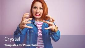  Presentation with denim - Amazing PPT theme having beautiful redhead woman wearing denim shirt and striped t-shirt over isolated pink background shouting frustrated with rage hands trying to strangle yelling mad backdrop and a ocean colored foreground