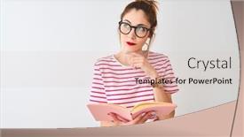  Presentation with book glasses - Slide set enhanced with beautiful redhead woman wearing glasses reading pink book over isolated white background serious face thinking about question very confused idea background and a lemonade colored foreground