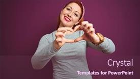  Presentation with purple heart - Slide set having beautiful redhead woman wearing grey t-shirt and diadem over isolated purple background smiling in love showing heart symbol and shape with hands romantic concept background and a tawny brown colored foreground