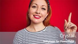  Presentation with navy - Cool new slides with beautiful redhead woman wearing striped navy t-shirt standing over isolated red background with a big smile on face pointing with hand and finger to the side looking at the camera backdrop and a gray colored foreground