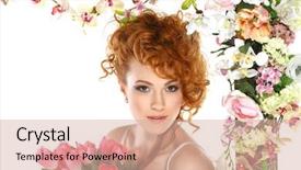  Presentation with gold frame - Slide deck with beautiful redheaded girl with the bouquet of tulips which stands in a gold frame flowered isolated on a white background background and a lemonade colored foreground