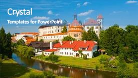  Presentation with renaissance era - Colorful presentation design enhanced with beautiful renaissance era castle backdrop and a teal colored foreground