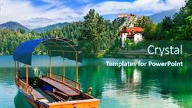  Presentation with romantic - Colorful presentation design enhanced with beautiful romantic lake bled in slovenia view with traditional wooden boat backdrop and a ocean colored foreground
