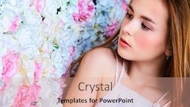 Presentation with cosmetics natural - Colorful theme enhanced with beautiful romantic young woman with natural makeup posing on a background of roses perfume cosmetics concept backdrop and a coral colored foreground