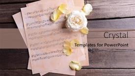  Presentation with music sheets - Slides having beautiful rose on music sheets on wooden background background and a coral colored foreground