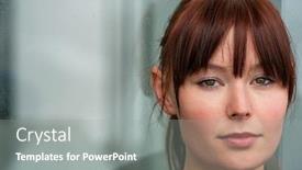  Presentation with twenties - Colorful slide deck enhanced with beautiful sad depressed or thoughtful girl female young woman in her twenties sitting by a rain covered window with reflections of a corridor backdrop and a gray colored foreground