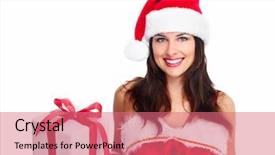  Presentation with girl christmas - Presentation consisting of beautiful santa helper christmas girl with gift isolated on white background background and a coral colored foreground