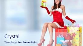  Presentation with christmas girl - Presentation design having beautiful santa helper christmas girl with gifts over blue background background and a sky blue colored foreground