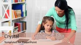  Presentation with homework - Beautiful slide deck featuring beautiful school girl doing homework backdrop and a coral colored foreground