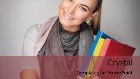  Presentation with learn - Cool new presentation design with beautiful schoolgirl portrait over gray background happy young female enjoy education in the college ready to learn new subjects backdrop and a tawny brown colored foreground