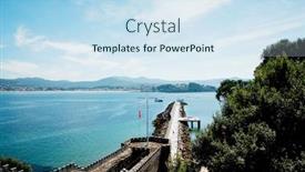  Presentation with castle wall - PPT layouts consisting of beautiful seascape with a pier in sunny day view from the old castle wall in city bayona galicia northen spain background and a sky blue colored foreground