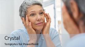  Presentation with aging skin - Colorful PPT theme enhanced with beautiful senior woman checking her backdrop and a light blue colored foreground