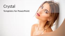  Presentation with beauty shop - Audience pleasing presentation theme consisting of beautiful sensual woman leaning backdrop and a sky blue colored foreground