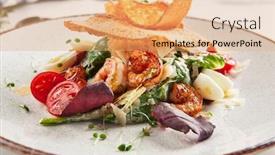  Presentation with bbq - Colorful PPT theme enhanced with beautiful serving white restaurant plate of caesar salad with barbecue shrimps green lettuce grated parmesan cheese and crispy golden croutons macro shot of cesar or ceasar with bbq king prowns backdrop and a coral colored foreground