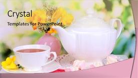  Presentation with picnic table and food - Theme with tea on wooden picnic table background and a blonde colored foreground