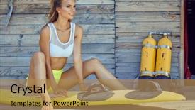  Presentation with girl running on the beach clouds - PPT layouts enhanced with beautiful sexy - surfing girl posing background and a coral colored foreground