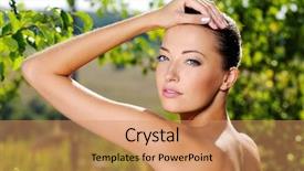  Presentation with skin health - PPT theme consisting of beautiful sexy face of an young woman with fresh health skin female posing on the nature model stroking her body background and a coral colored foreground