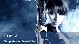  Presentation with sexy girl - Beautiful PPT theme featuring beautiful sexy girl holding gun backdrop and a ocean colored foreground