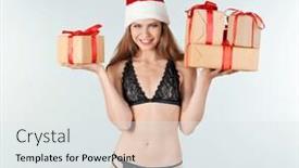  Presentation with boxes light - Amazing PPT theme having beautiful sexy lady in christmas hat and underwear holding gift boxes on light background backdrop and a white colored foreground