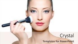  Presentation with sexy - Colorful PPT theme enhanced with beautiful sexy woman doing make-up on face with cosmetic brush - isolated on white backdrop and a lemonade colored foreground