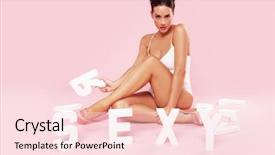  Presentation with white letters - Colorful PPT layouts enhanced with beautiful sexy woman in a swimsuit posing sitting on the floor with the word sexy in white capital letters in front of her opn a pink background backdrop and a lemonade colored foreground